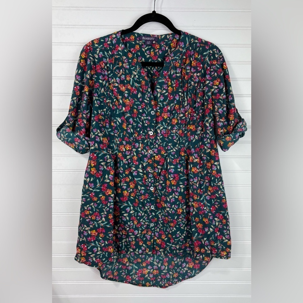 Rhinestone Floral Peasant Tunic Top - Teal Multi
